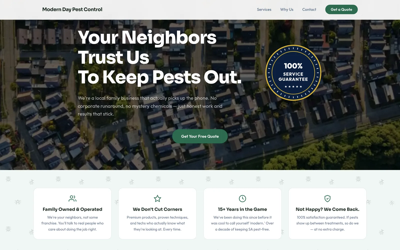 Modern Day Pest Control website homepage preview